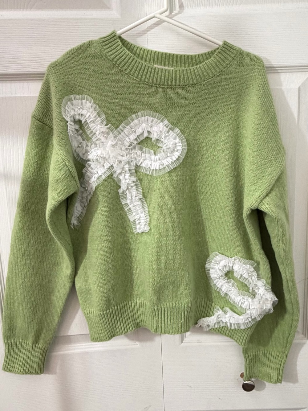 So Me Green Bow Applique Sweater Womens Small Coquette Preppy Statement Knit NWT